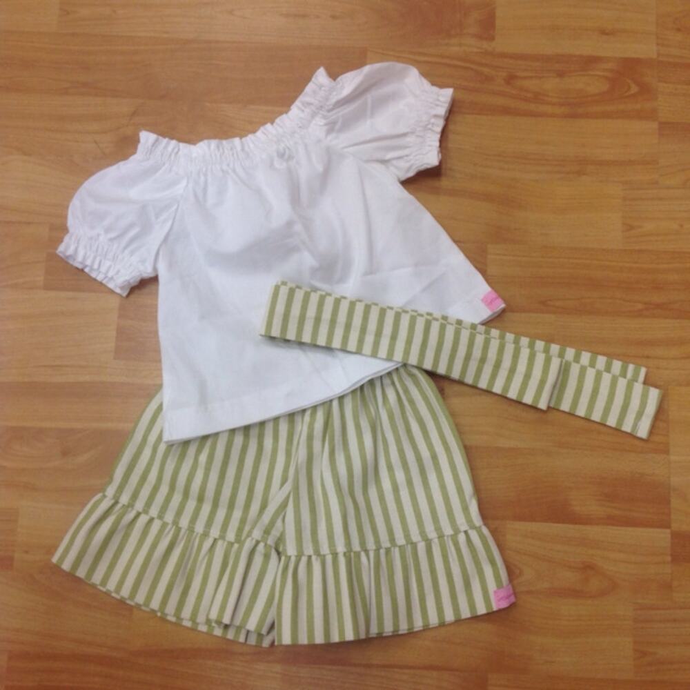 Hollywood Kids Girls Outfit Sz 12-18 Mo White Green Striped Shorts Top Belt